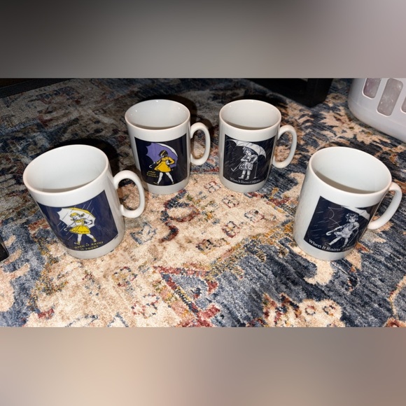 Vintage Morton Salt Girl Coffee Cup Mug When It Rains It Pours Umbrella Set of 4 - Picture 5 of 14